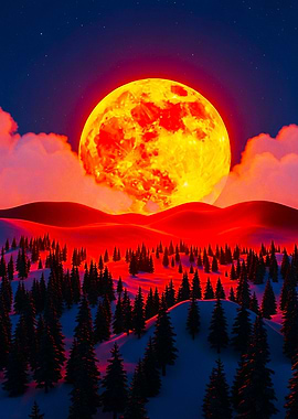 Crimson Moon Over Snowy Forest