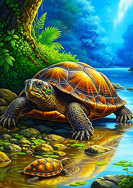 Turtles in a Lush Forest Stream