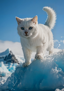 White cat on ice with mountains