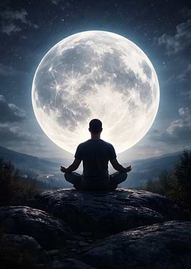 Man meditating under a full moon