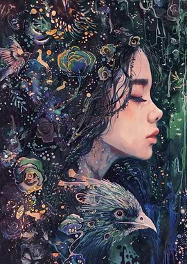 Ethereal Woman with Birds and Flowers