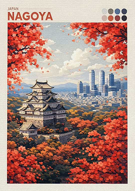 Nagoya Castle with Autumn Foliage and Cityscape