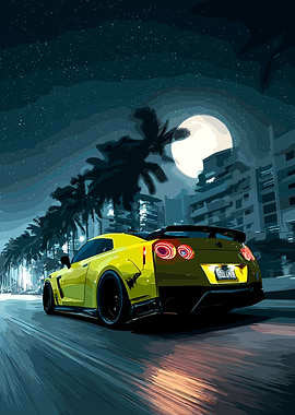 Yellow Nissan GT-R at Night
