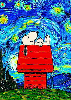 Snoopy on Doghouse in Starry Night