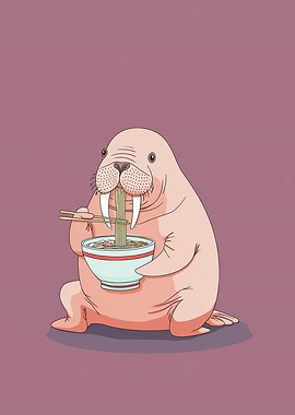 Walrus eating ramen with chopsticks