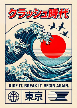 Great Wave with Japanese Text and Sun