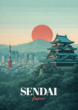 Sendai Japan Cityscape with Castle and Sun