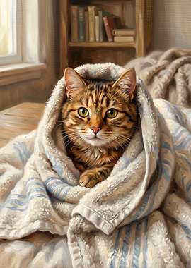 Cozy Cat Wrapped in Blanket