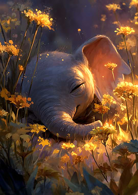Sleeping Baby Elephant in Flowers