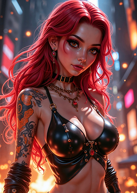 Sexy Anime Woman with Red Hair and Tattoos