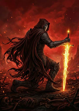 Hooded Warrior with Glowing Sword