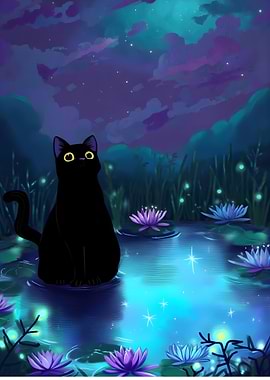 Black Cat in a Magical Night Pond