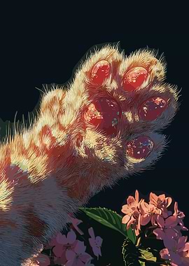 Close-up of a cat's paw with pink flowers