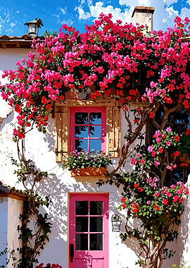 Pink Door and Window with Bougainvillea