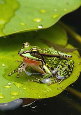 Green frog on a lily pad
