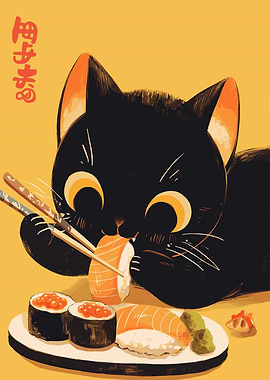 Black Cat Eating Sushi