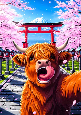 Highland Cow at Mount Fuji