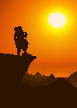 Silhouette of Krishna on a Cliff at Sunset