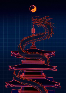 Dragon and Pagoda with Yin Yang Symbol
