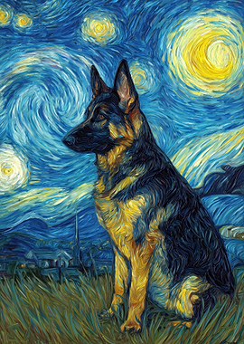 German Shepherd in Starry Night Style