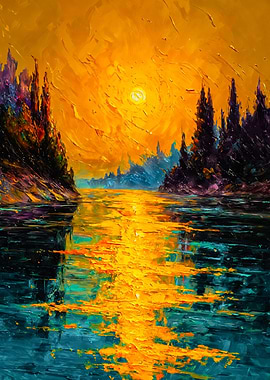 Golden Sunset Lake Landscape Painting