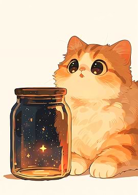 Cute Cat Looking at a Jar of Stars
