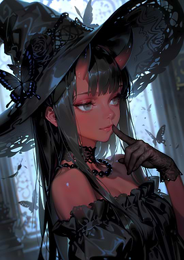 Gothic Witch with Red Horns and Butterflies