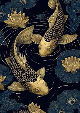 Golden Koi Fish and Lotus Flowers