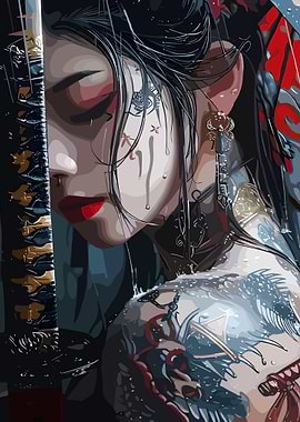 Samurai Woman with Tattoos and Katana