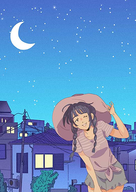 Anime Girl in a Hat at Night