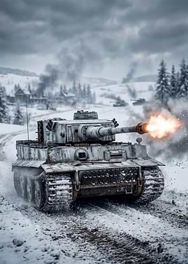 Tiger Tank Firing in Winter Battle
