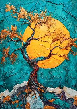 Golden Tree Teal Oil Painting