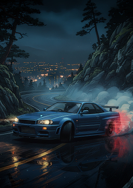 Drifting Car on a Wet Mountain Road at Night