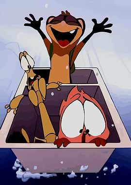 Three cartoon animals in a boat