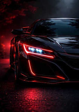 Futuristic Black Sports Car with Red Neon Lights