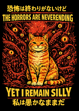 Calm Cat Amid Chaos Poster, Orange Tabby Monster Art, Vibrant Japanese Humor Wall Print