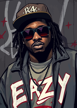 Rapper with 'EAZY' shirt and 'KA' hat