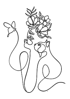 Line Art of Woman, Cat, and Butterfly