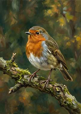 Robin perched on a mossy branch