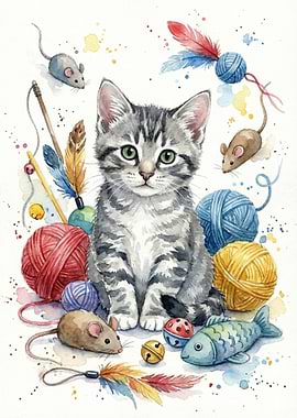 Kitten Surrounded by Toys
