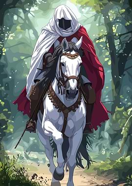Mysterious Rider on White Horse in Forest