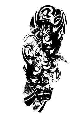 Japanese Oni Mask and Chrysanthemum Tattoo Design