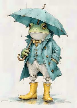 Frog in a Trench Coat with Umbrella