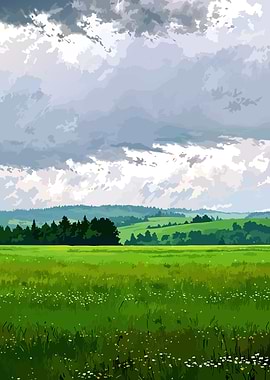 Vast Green Meadow Under Cloudy Sky