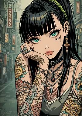 Tattooed Anime Girl in City