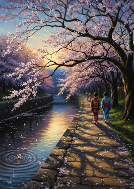 Couple in Kimonos Walking by Cherry Blossoms
