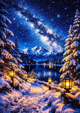 Winter Night Landscape with Milky Way