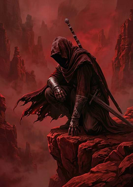 Hooded figure on a red cliff