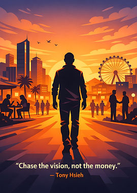 Man walking towards city sunset