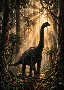 Dinosaur in a sunlit forest